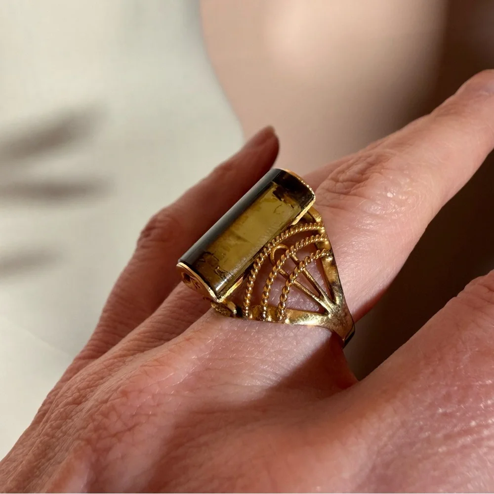 Vintage art deco Smoky Quartz cabochon gold plated oversized cocktail Ring